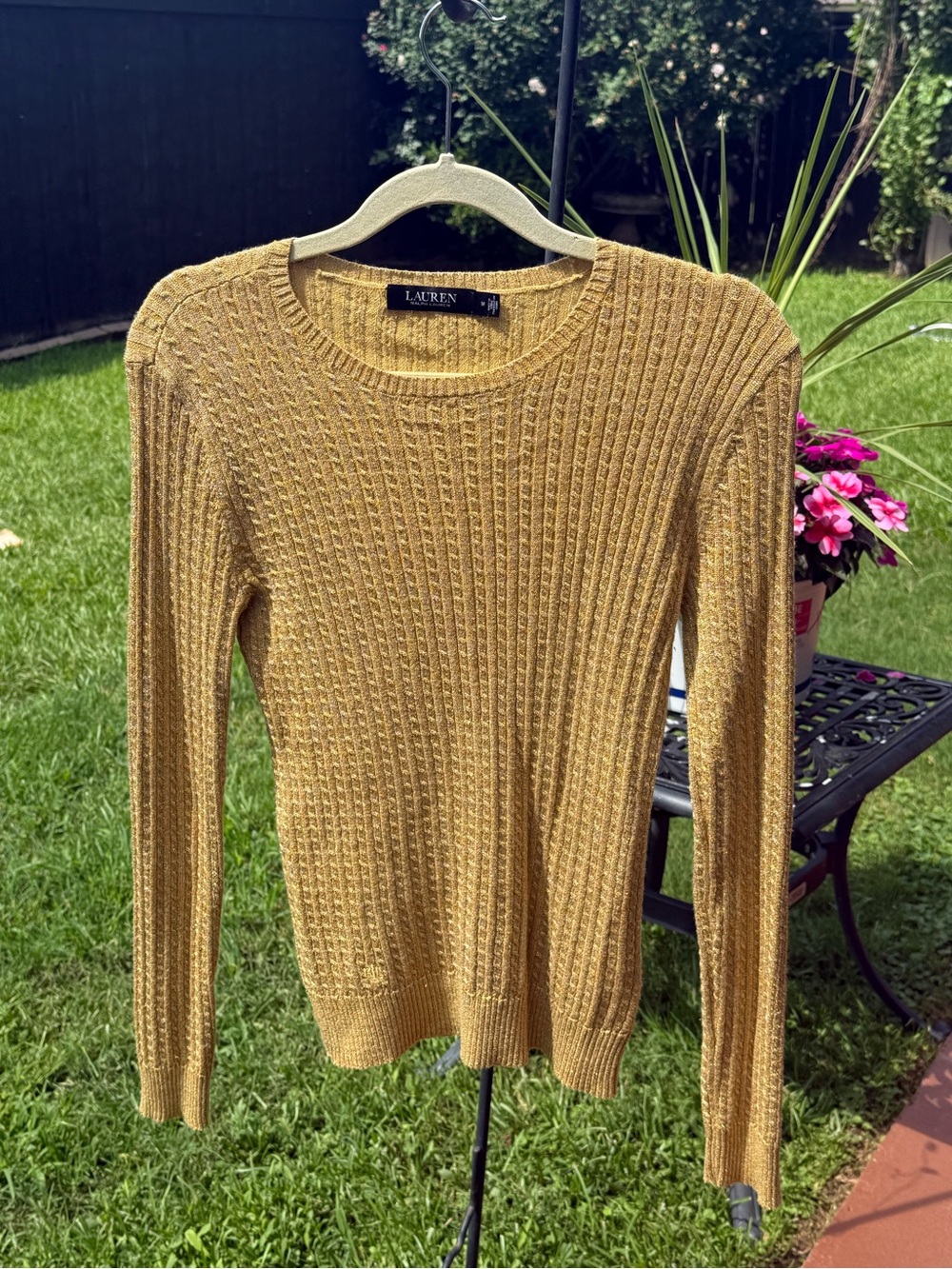 Lauren Ralph Lauren Gold Metallic Shimmer Rib Knit Sweater Medium